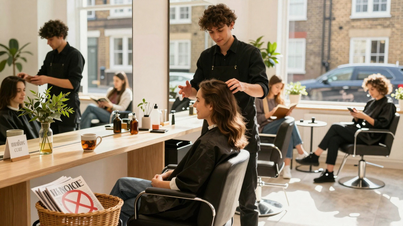 Homem penteando cabelo de mulher sorridente em salão de beleza com outras clientes lendo ao fundo.
