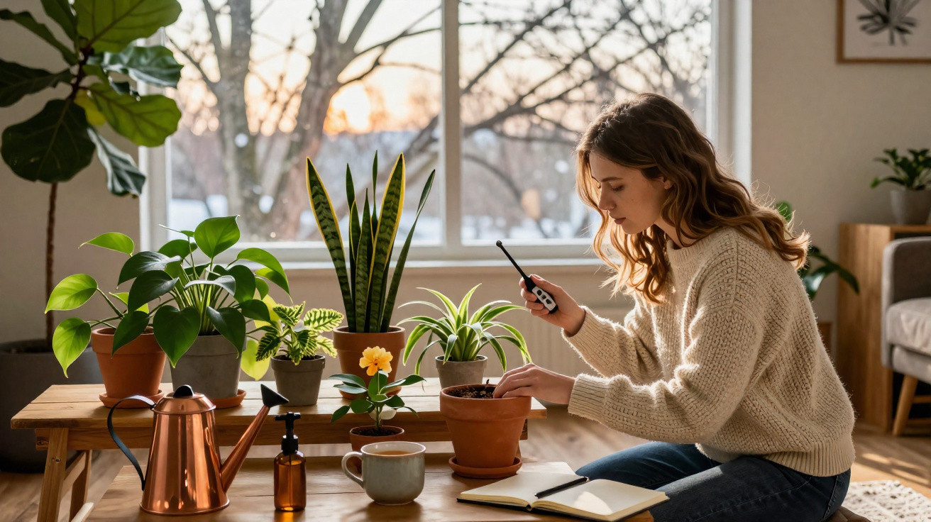 Mulher cuidando de planta em vaso dentro de sala iluminada com várias plantas ao redor.