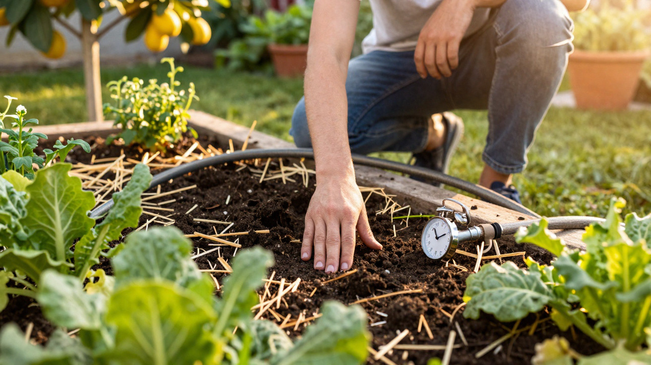Pessoa cuidando de plantas em horta caseira com regador e solo úmido ao sol da manhã.