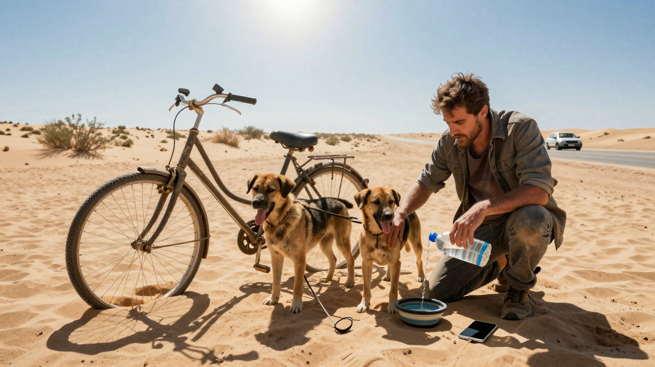 Homem no deserto dando água para dois cães ao lado de uma bicicleta e um carro ao fundo.