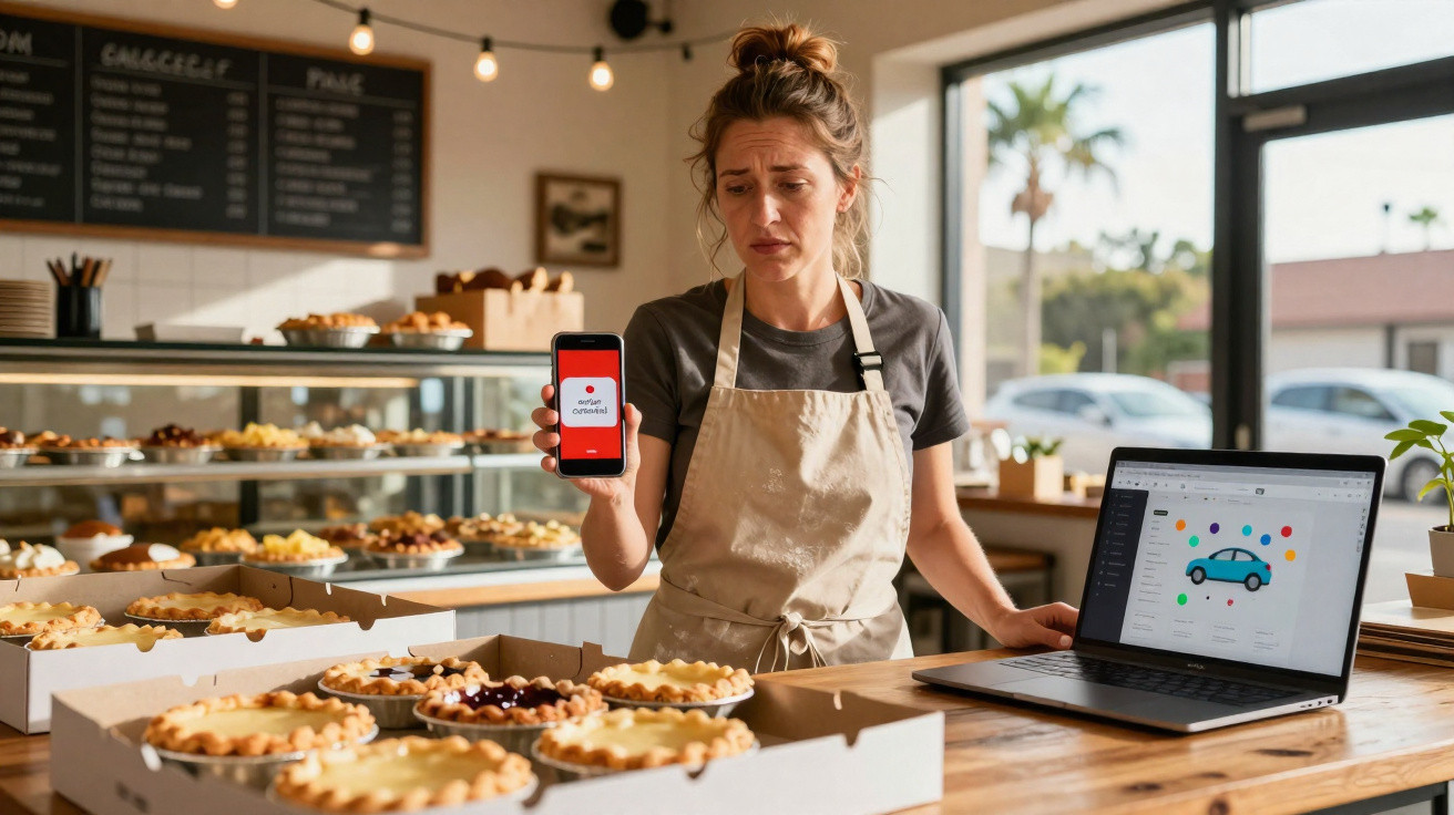 Mulher com avental mostra celular com texto "order canceled" em uma padaria com tortas e laptop aberto na mesa.