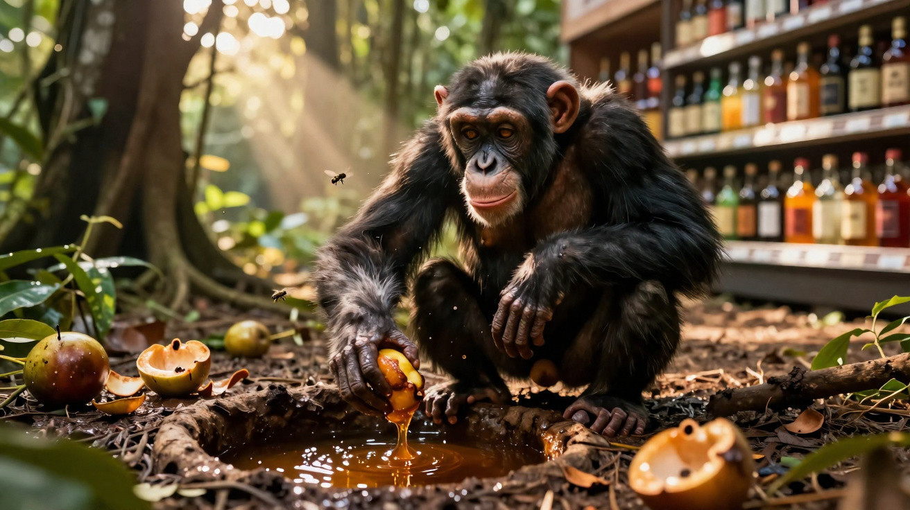 Chimpanzé sentado no chão da floresta, segurando fruta e com prateleira de bebidas ao fundo.