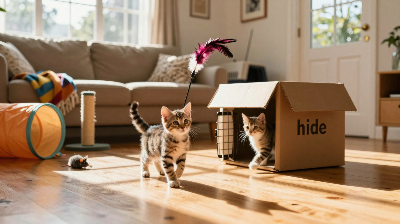 Dois gatinhos brincando em sala iluminada, com caixa de papelão escrita "hide" e brinquedos no chão.