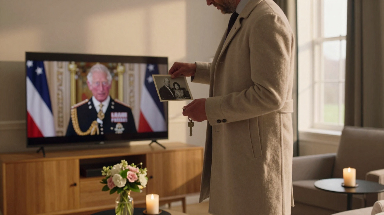 Homem vestido de terno claro segura chave e foto antiga em sala com vela acesa e TV ligada ao fundo.