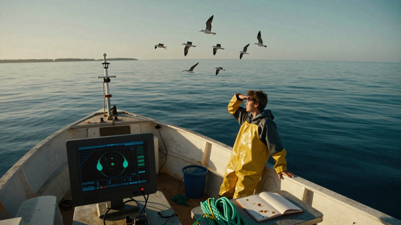 Criança com roupa impermeável amarela observa gaivotas voando sobre o mar em barco de pesca.