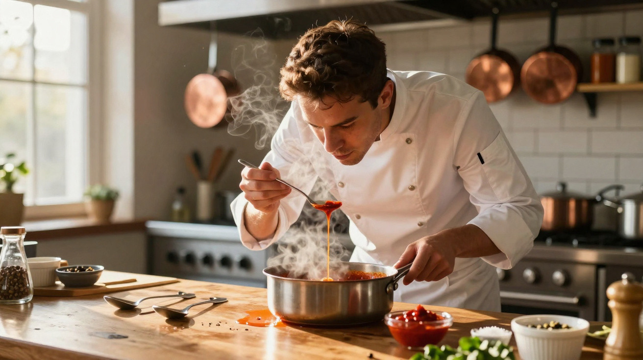 Chef masculino provando molho quente em colher na cozinha iluminada e organizada.