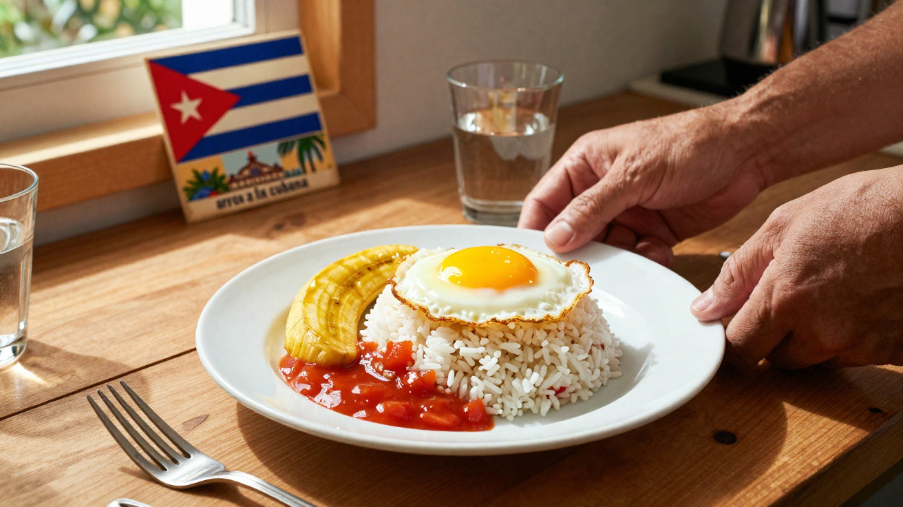 Prato com arroz, ovo frito, banana frita e molho vermelho, mãos segurando, bandeira de Cuba ao fundo.