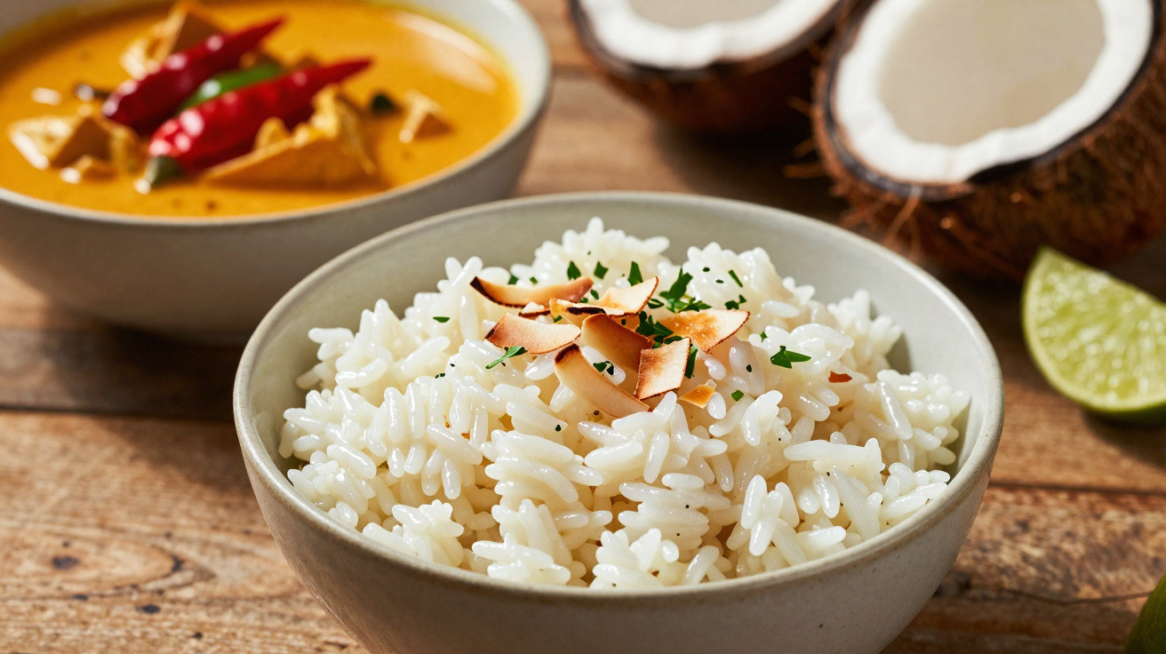 Tigela com arroz branco decorado com lascas de coco e ervas, ao fundo curry e coco partido ao meio.
