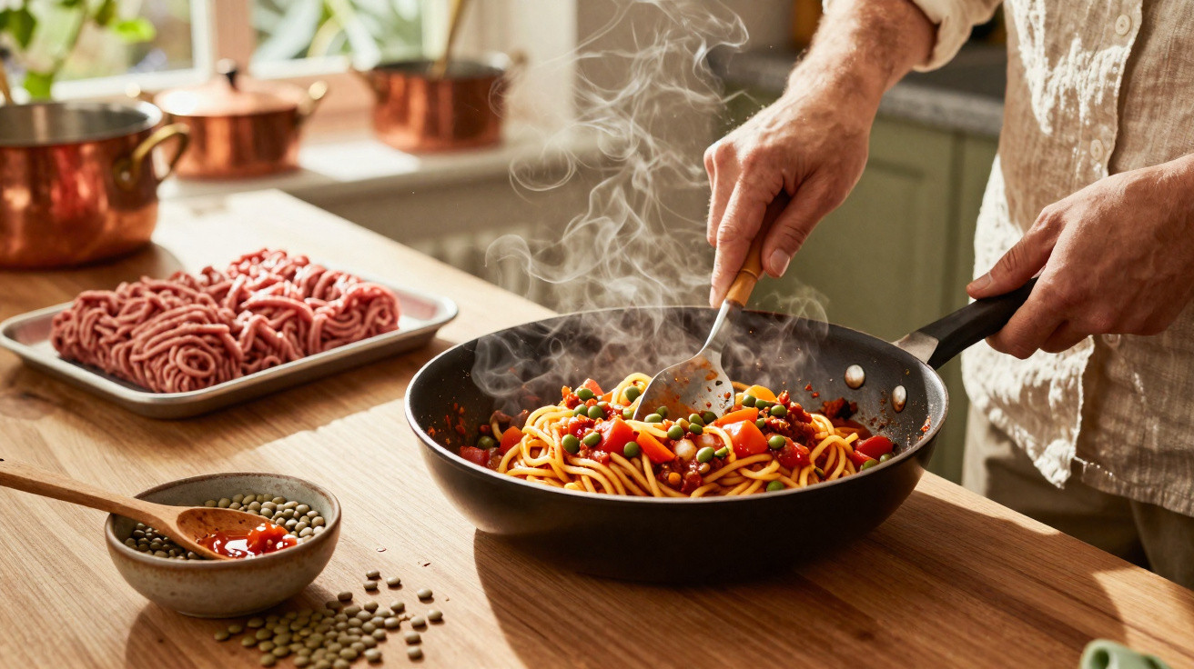 Pessoa mexendo macarrão com molho e vegetais em frigideira sobre bancada de madeira.