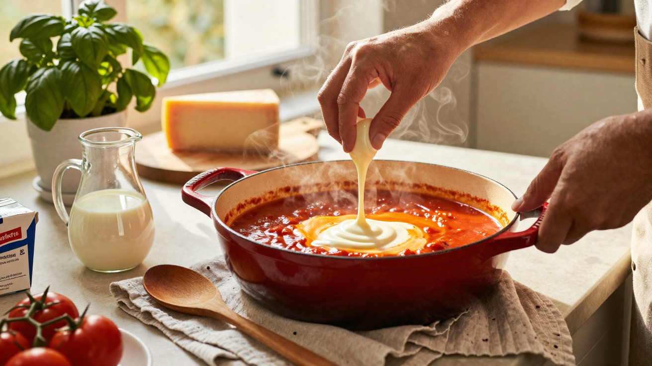 Pessoa adiciona creme em sopa vermelha fumegante em panela na cozinha iluminada pelo sol.