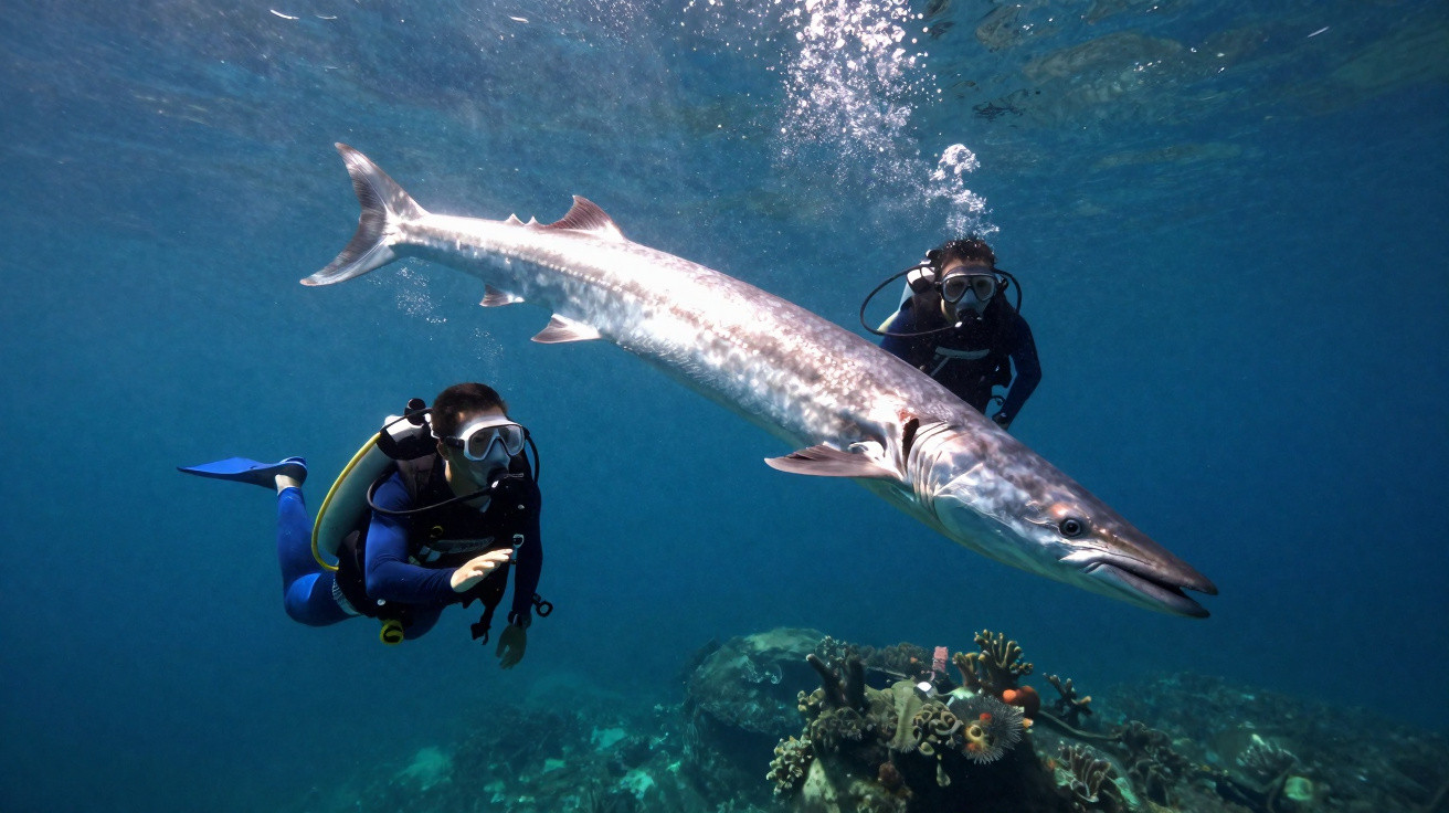 Dois mergulhadores nadando ao lado de um grande peixe com corpo alongado em ambiente marinho.