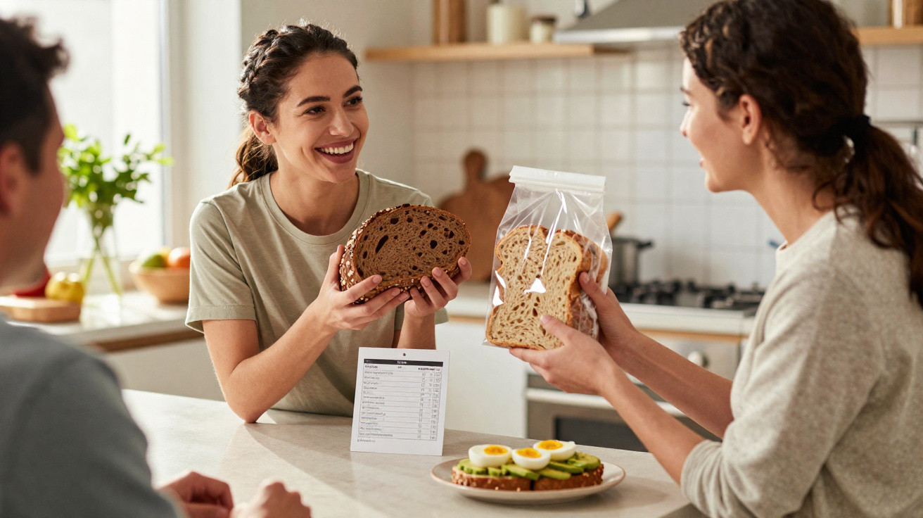 Nutricionista orientando paciente sobre tipos de pão para alimentação saudável em cozinha iluminada.