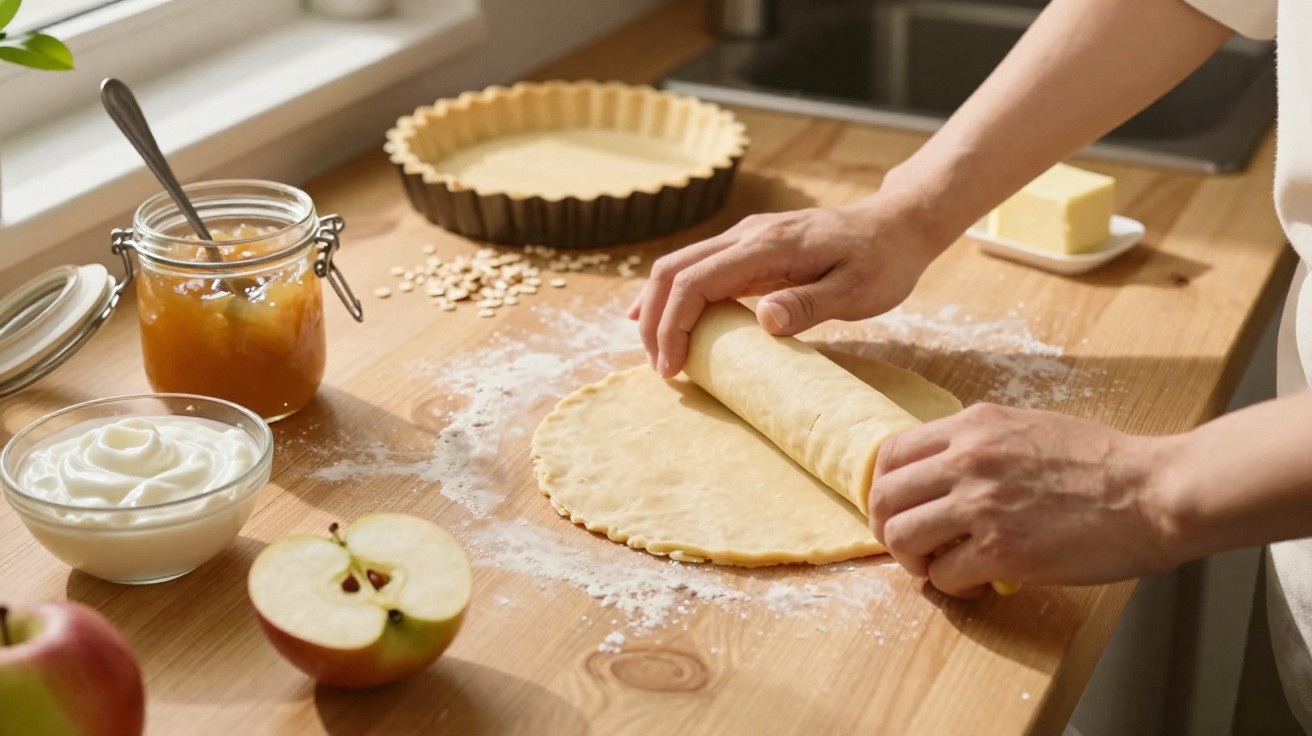 Pessoa abrindo massa com rolo sobre bancada com maçã, aveia, manteiga, creme e geleia para preparação de torta.