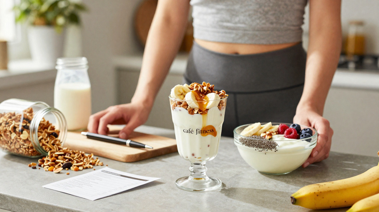 Pessoa segurando copo com iogurte, granola, mel e banana sobre bancada com alimentos saudáveis.