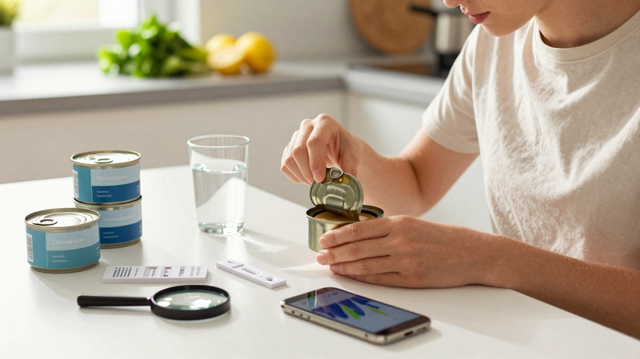 Pessoa abrindo lata de alimento na cozinha para fazer teste rápido, com lupa, celular e copo d'água na mesa.