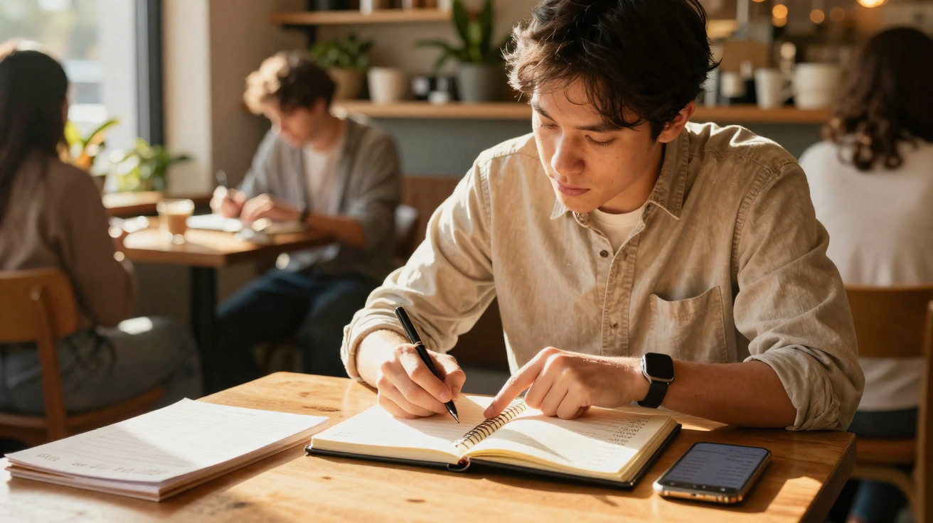 Jovem estudando e anotando em caderno em uma mesa com celular e material escolar.