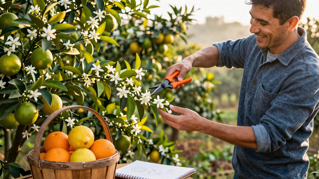 Homem colhendo flores de laranjeira ao ar livre com cesta de frutas ao lado e caderno aberto.