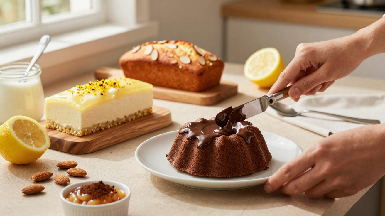 Bolo de chocolate com cobertura sendo espalhada, ao fundo bolos de amêndoas e doce, limão e ingredientes.