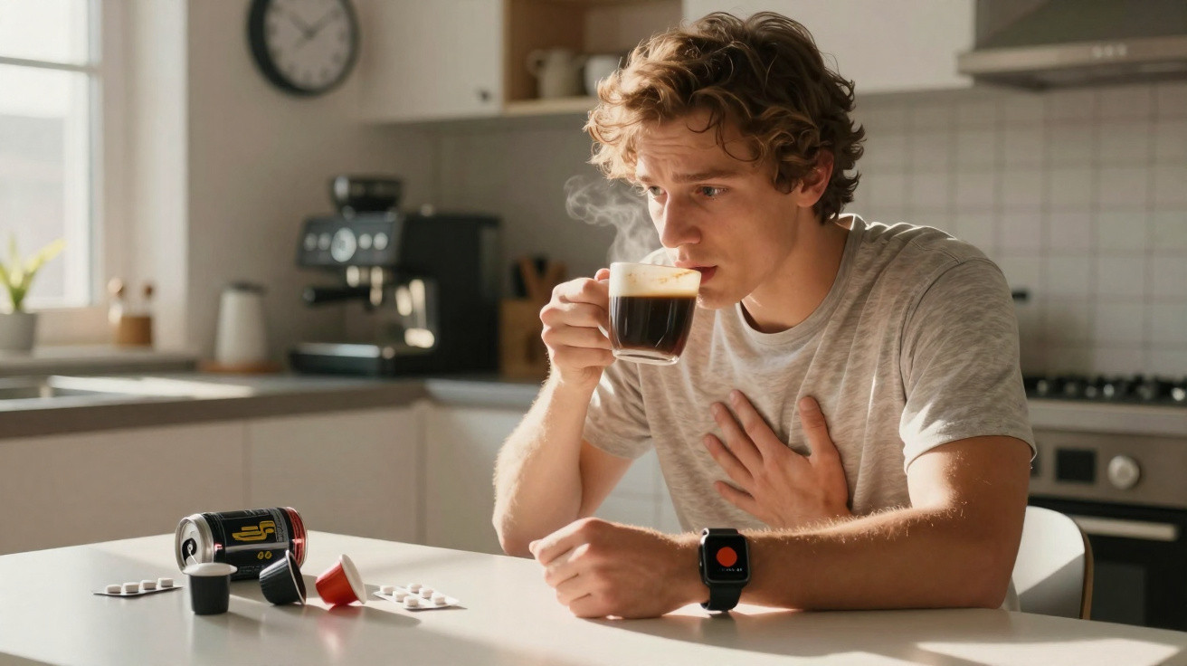 Homem sentado à mesa bebendo café, com comprimidos e cápsulas ao redor, em cozinha iluminada.