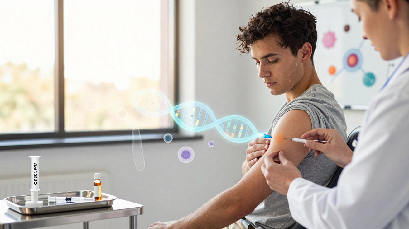 Homem sentado aplicando vacina no braço, com ilustrações digitais de vírus e DNA ao redor.