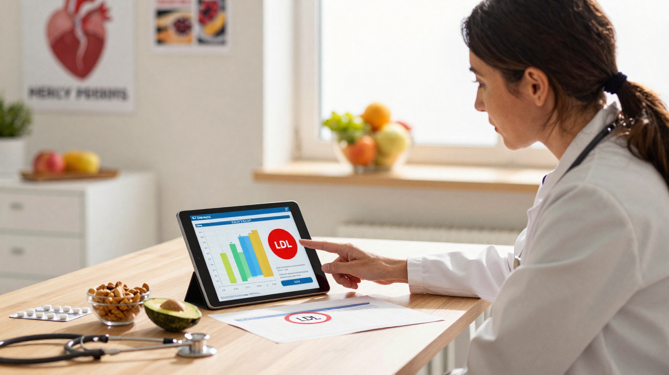 Médico mostrando resultados de colesterol LDL para paciente em consulta, usando tablet e documentos na mesa.