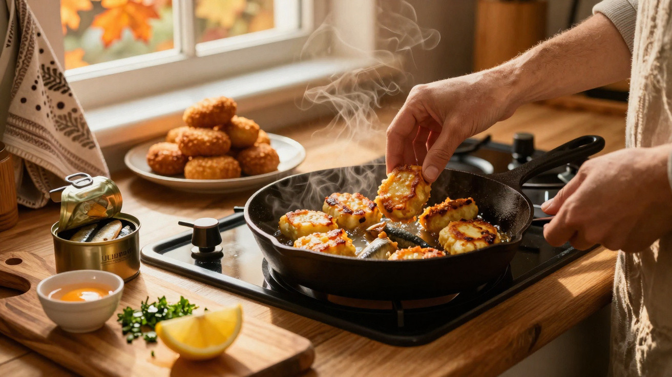 Pessoa fritando bolinhos dourados em frigideira no fogão, com janela e ingredientes no fundo.