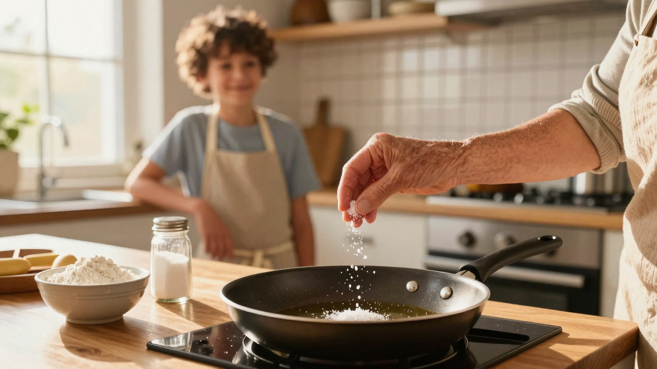 Mão adulta adiciona sal em frigideira na cozinha enquanto criança observa ao fundo sorrindo.