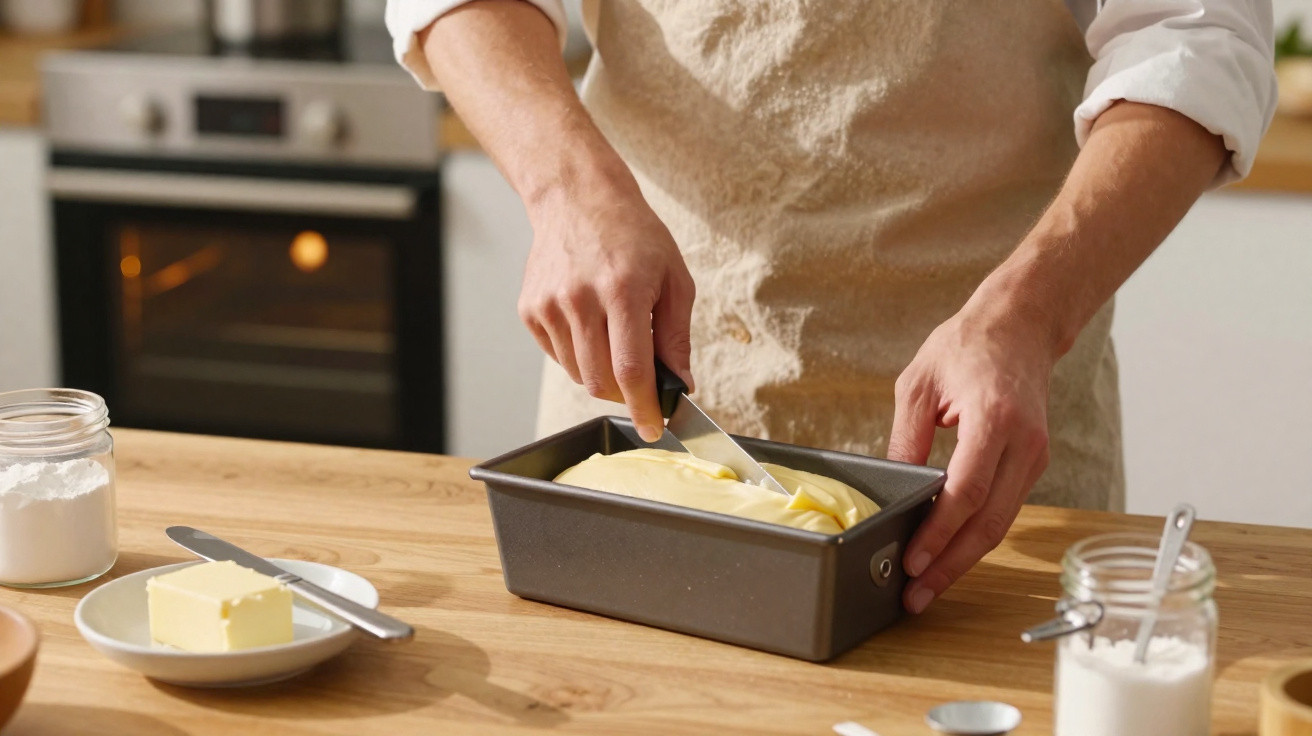 Pessoa cortando massa em forma para pão sobre bancada de cozinha com ingredientes ao redor.