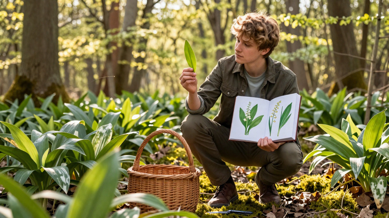 Menina observa uma folha de planta em floresta, segurando livro ilustrado e com cesta ao lado no chão.