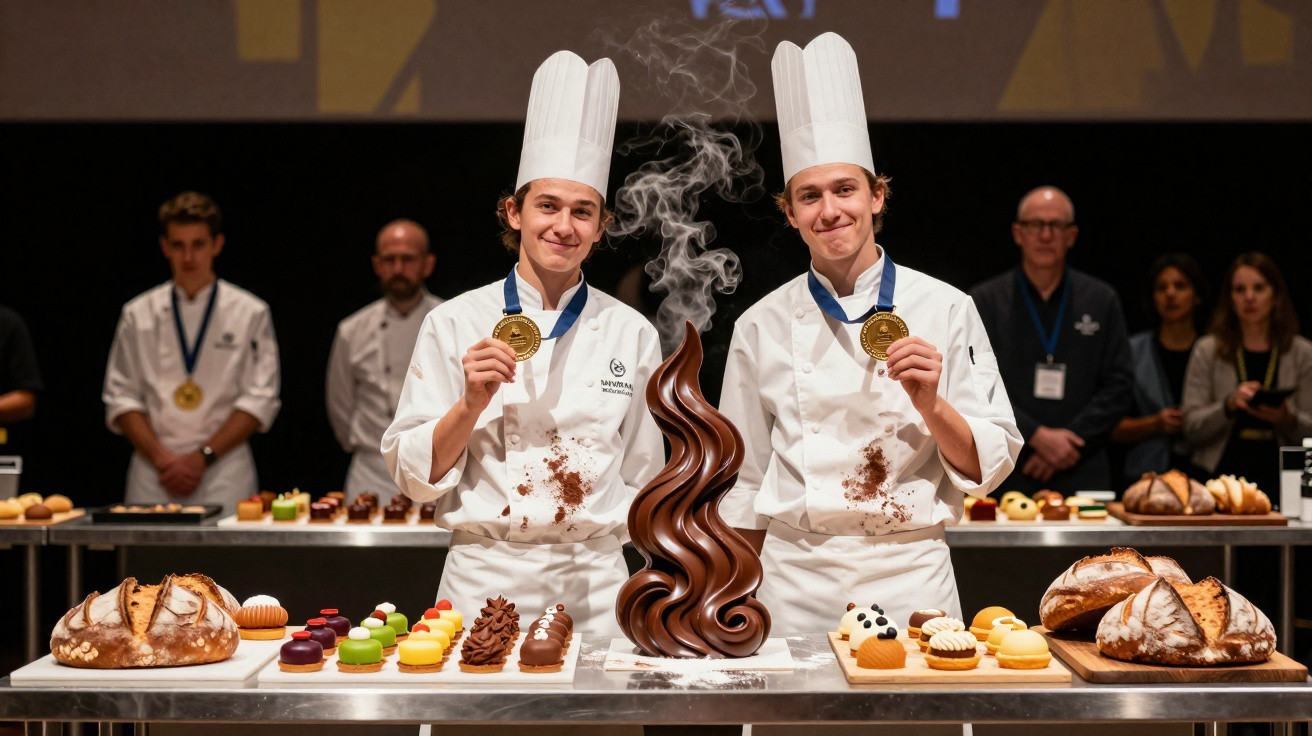 Dois jovens chefs com medalhas de ouro exibem sobremesas artísticas e escultura de chocolate em competição.