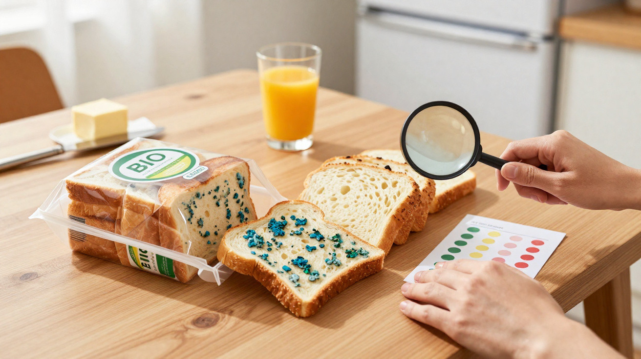 Pão fatiado com mofo verde e azul, lupa e tabela de análise sobre mesa de madeira na cozinha.