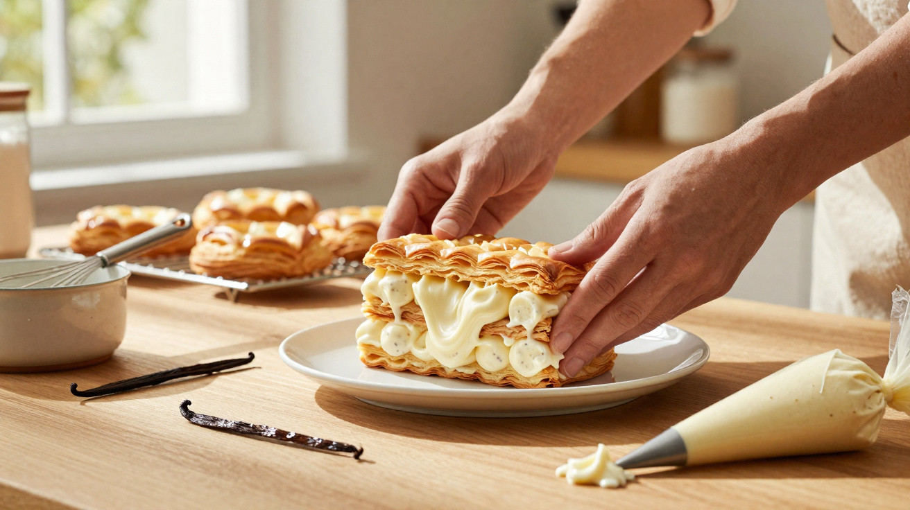 Mãos montam éclair de massa folhada recheado com creme branco em prato sobre bancada de madeira.