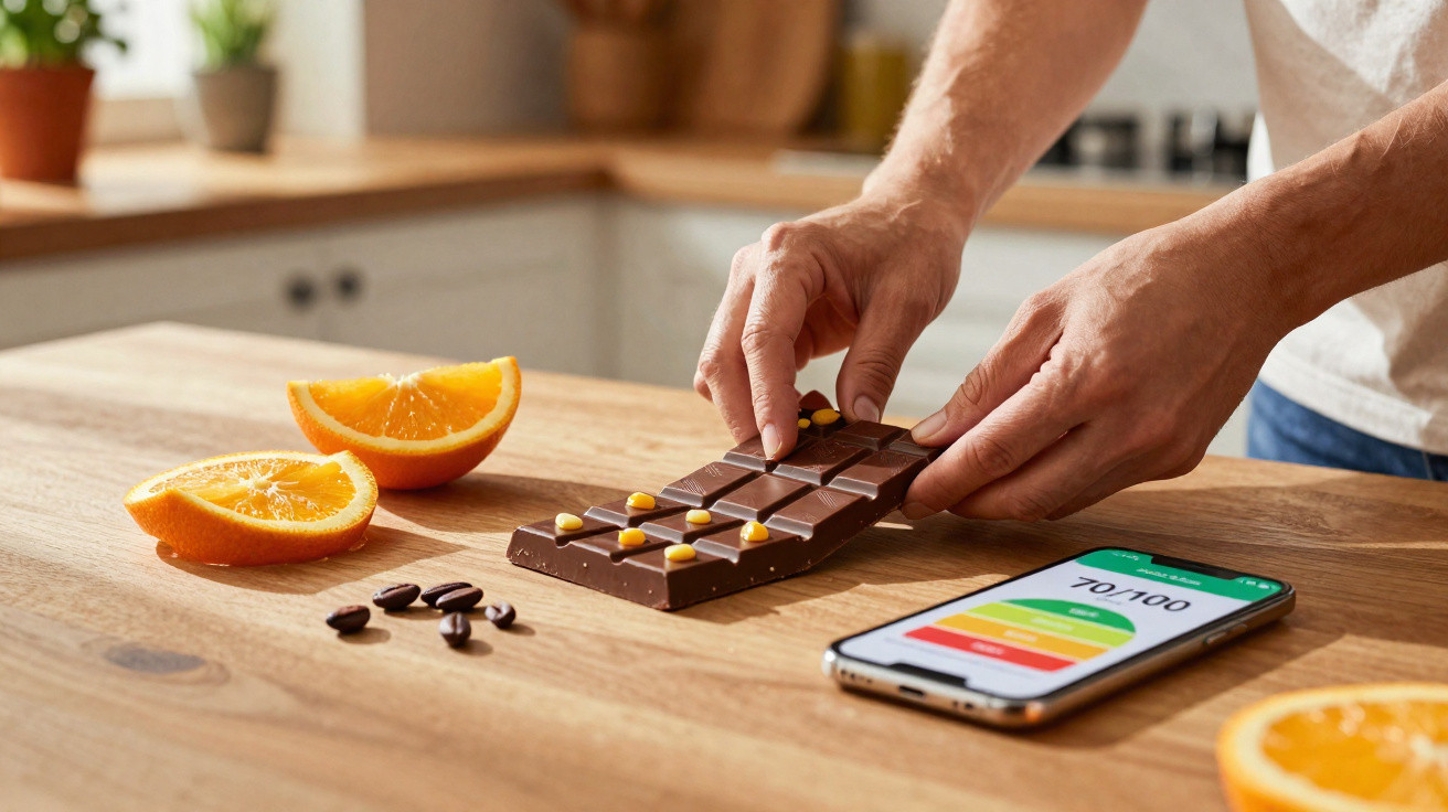 Mão segurando barra de chocolate com gotas amarelas, ao lado de laranja em fatias e celular com gráfico na tela.