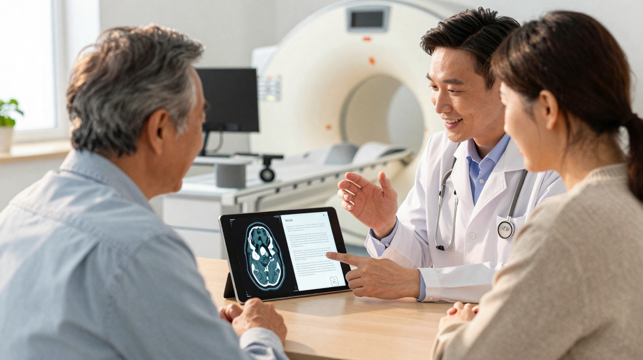 Médico conversa com paciente e mostra exame de ressonância magnética cerebral em tablet em clínica.