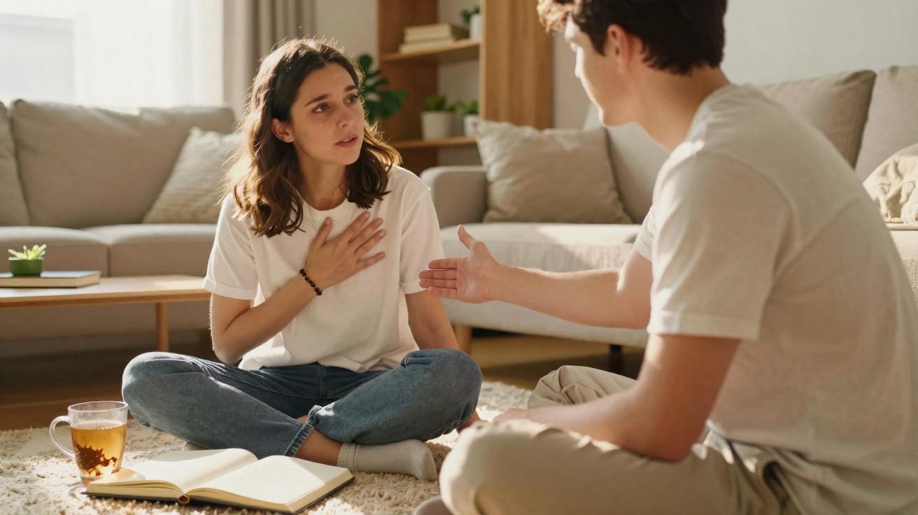 Casal jovem sentado no chão da sala conversando de forma séria com livro aberto e xícara de chá na mesa.