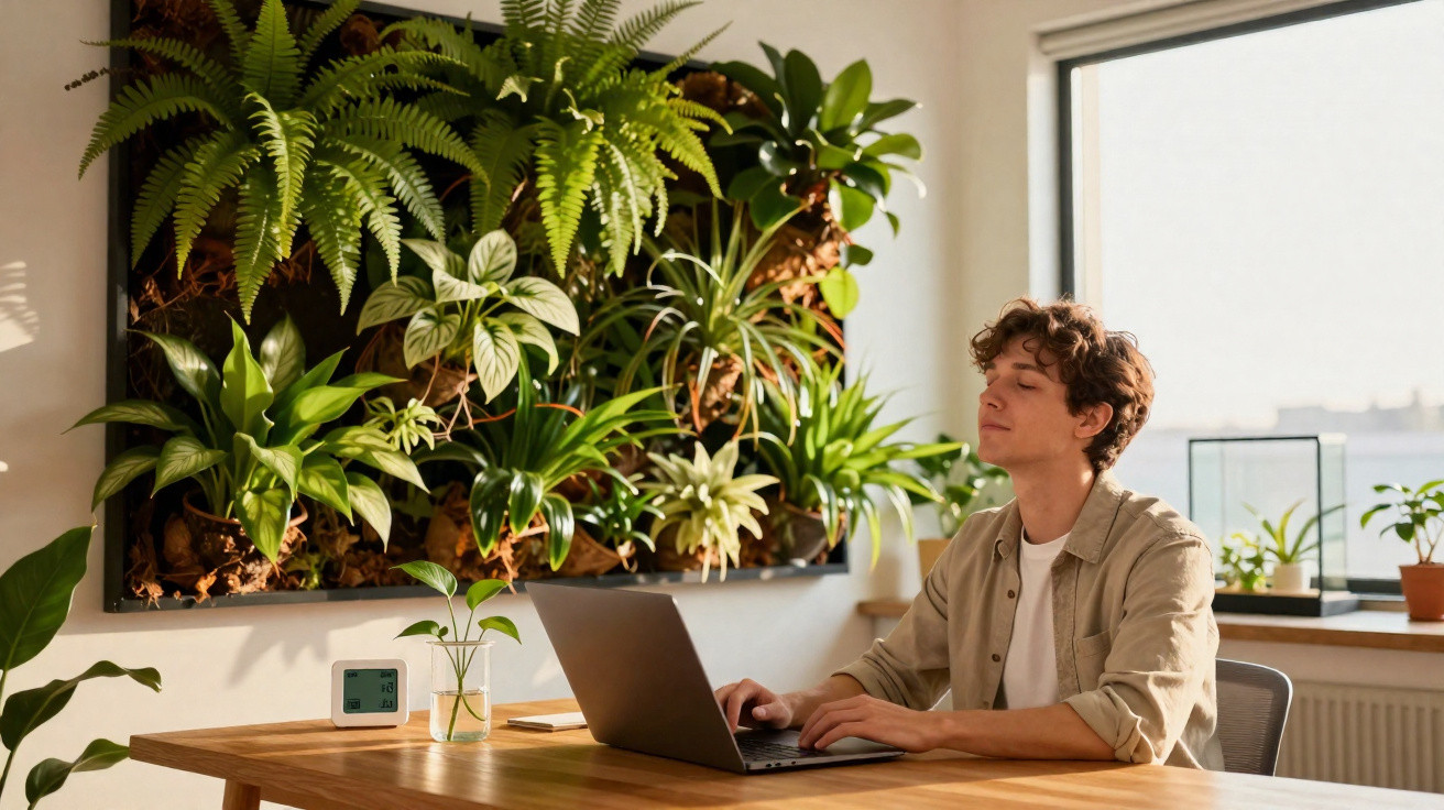 Jovem sentado em mesa com laptop, cercado por plantas verdes em ambiente iluminado e cheio de luz natural.