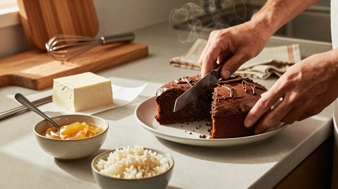 Pessoa cortando bolo de chocolate quente em prato branco na cozinha com ingredientes ao redor.