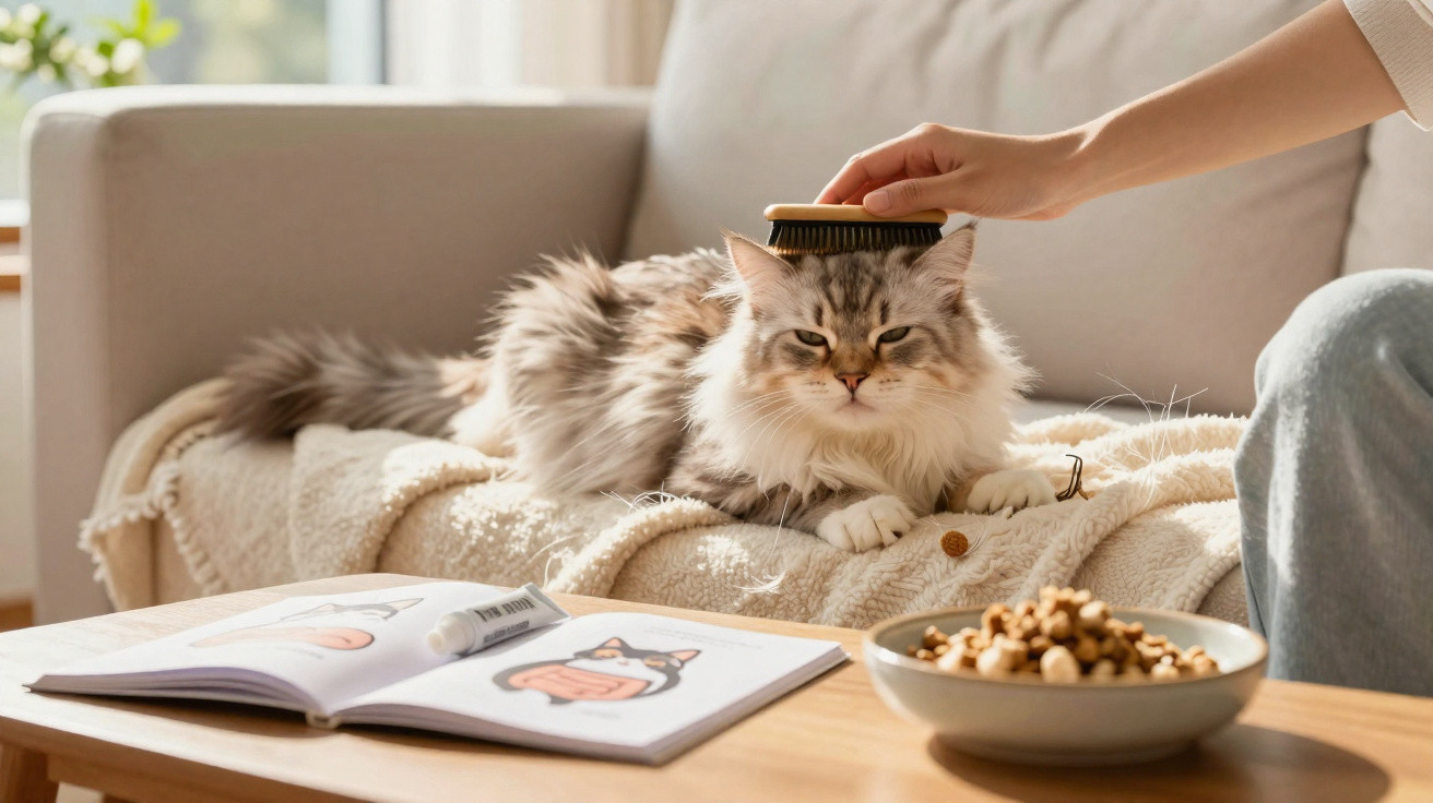 Pessoa escova gato fofo relaxado em ambiente iluminado, com livro e petiscos na mesa próxima.