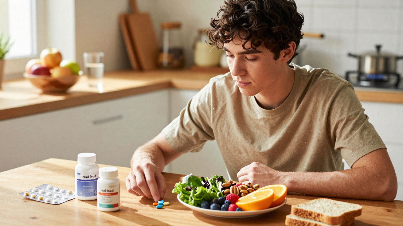 Jovem sentado à mesa com prato de frutas e legumes e várias pílulas ao lado em cozinha iluminada.