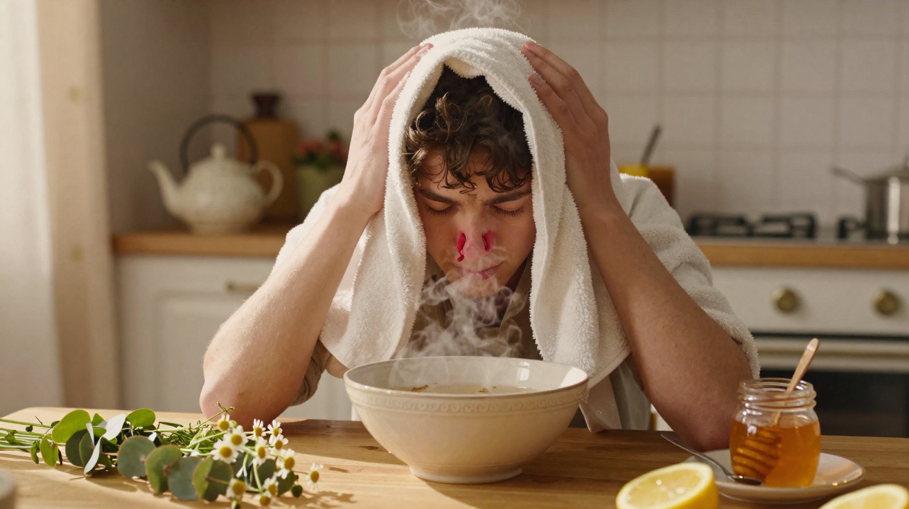 Pessoa com toalha na cabeça inalando vapor quente para aliviar congestão nasal, com mel, limão e flores na mesa.