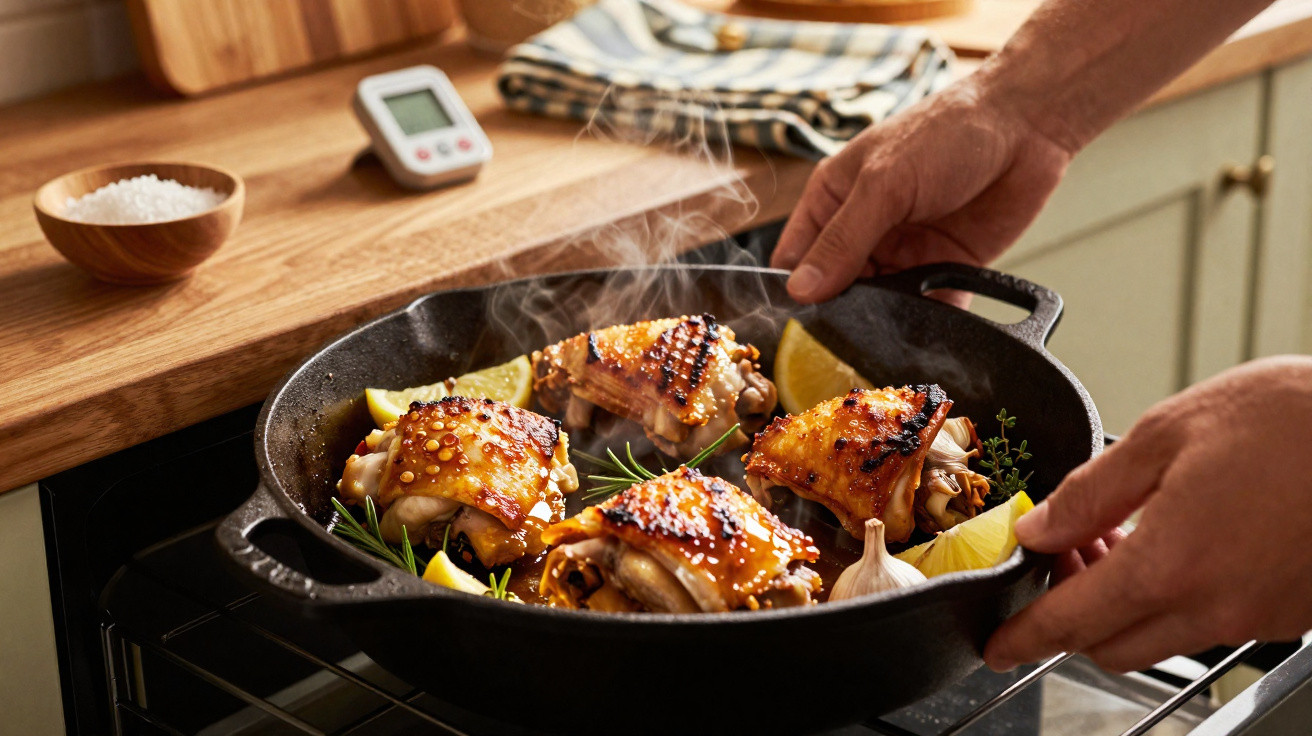 Frango assado dourado em frigideira com rodelas de limão e ervas frescas sendo retirado do forno.