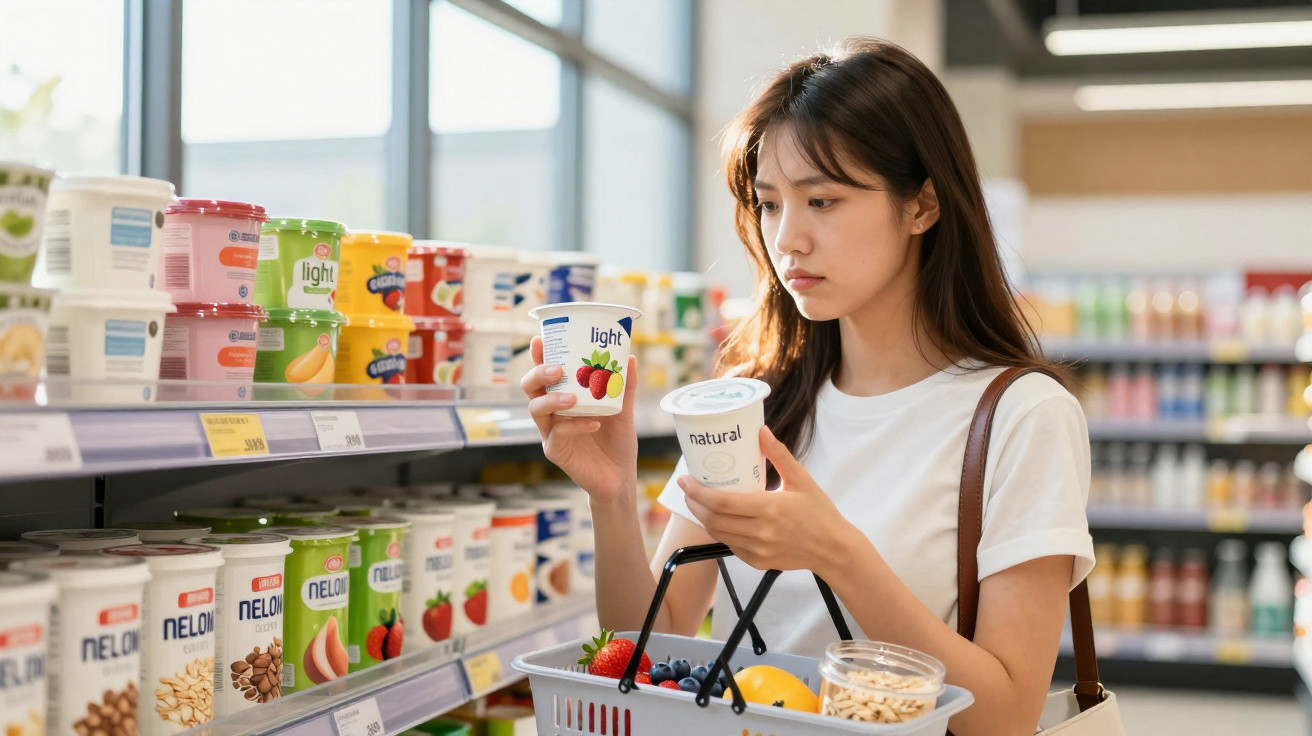 Mulher jovem comparando dois potes de iogurte em corredor de supermercado, com cesta contendo frutas.