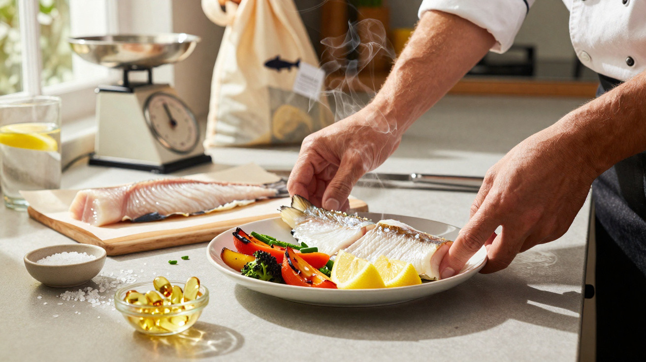 Mãos colocando peixe quente e fumegante em prato com legumes assados e limão na cozinha iluminada.