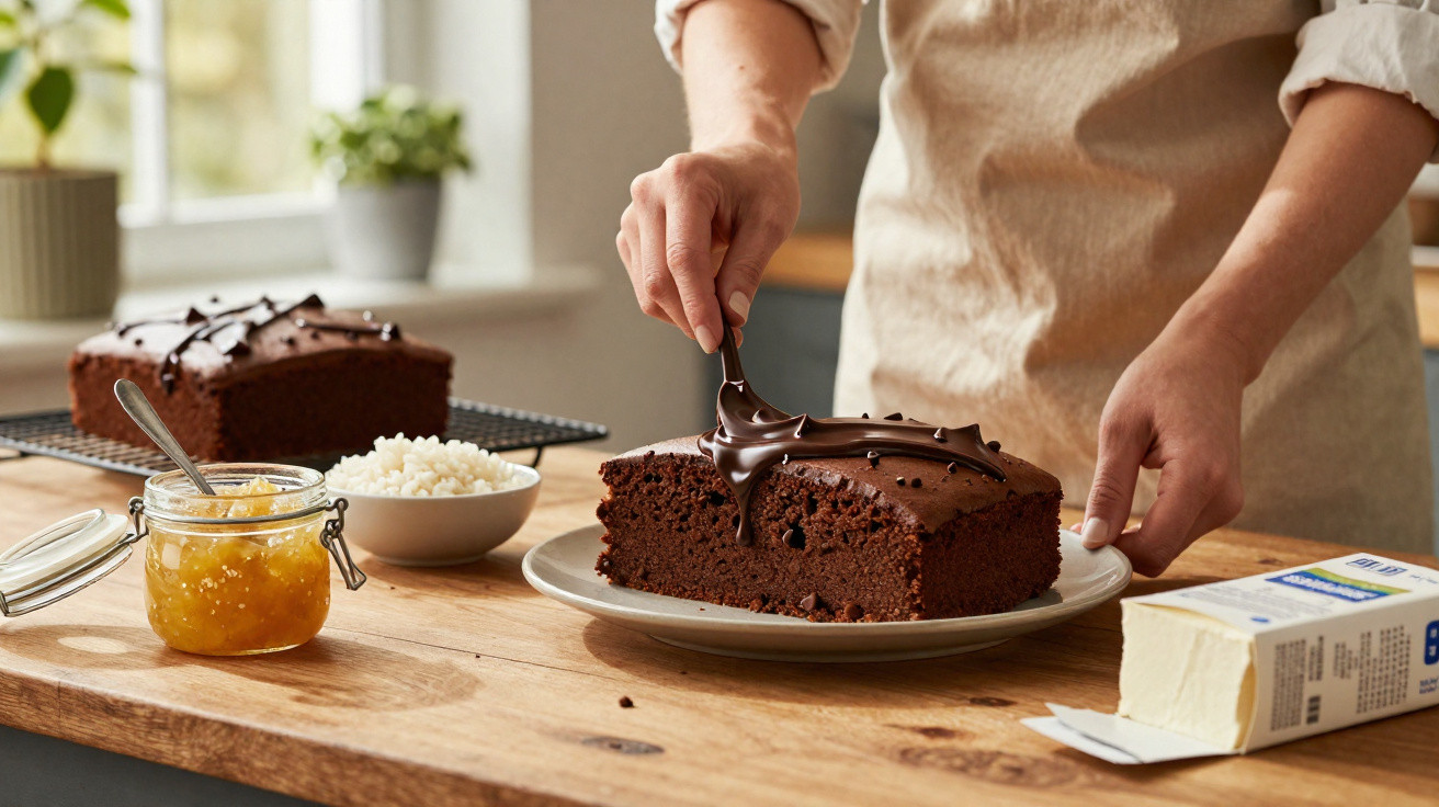 Pessoa decorando fatia de bolo de chocolate com calda em cozinha iluminada e organizada.
