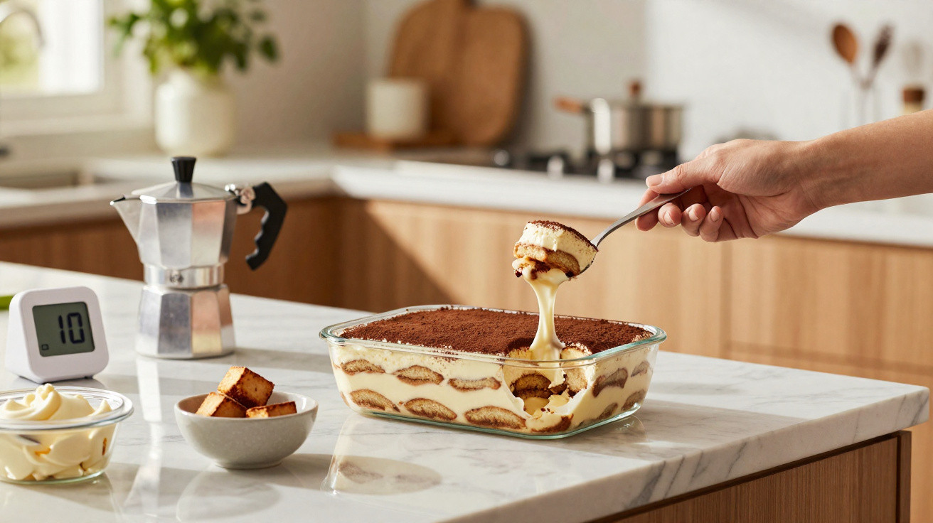 Mão pegando colherada de tiramisu em travessa de vidro em bancada de cozinha clara.