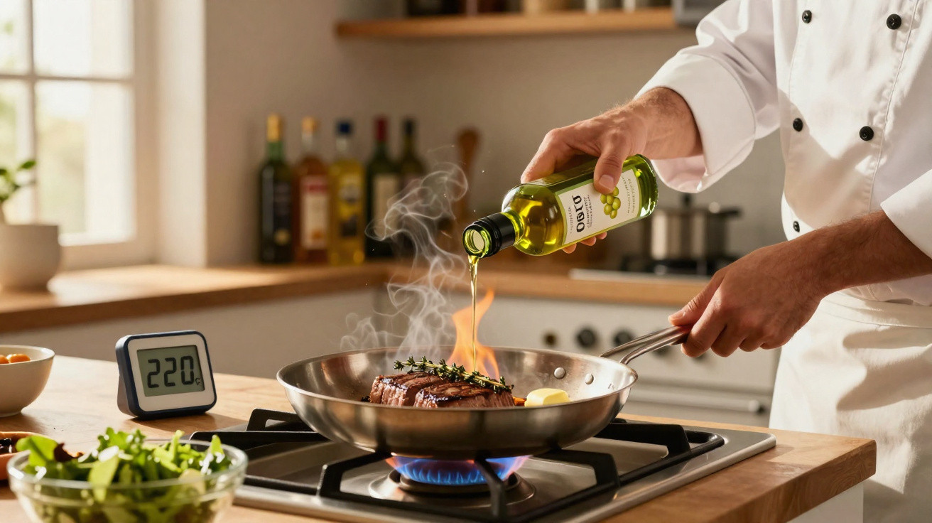 Chef adicionando azeite em bife na frigideira sobre fogão a gás em cozinha moderna iluminada.