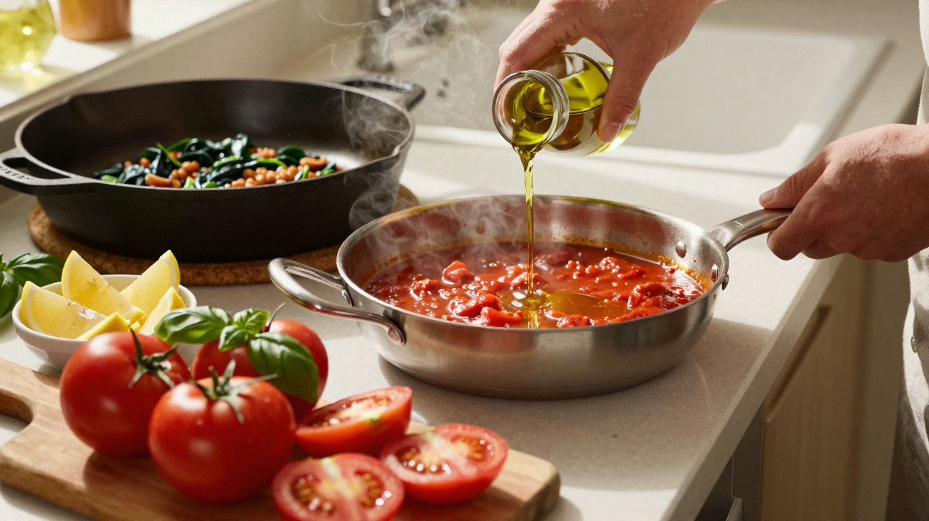 Mão derramando azeite em panela com molho de tomate, ao lado de legumes, limão e frigideira com vegetais.