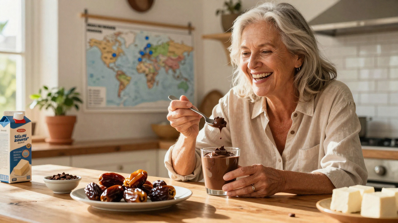 Mulher sorridente com cabelo grisalho desfrutando sobremesa de chocolate na cozinha iluminada.