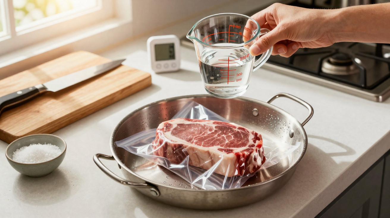 Mão despejando água em frigideira com corte de carne selado a vácuo, ao lado de saleiro e timer.