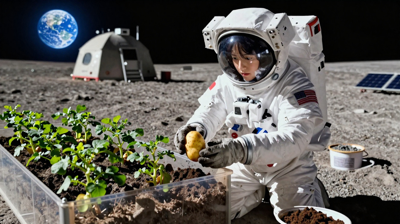 Astronauta colhendo batata cultivada em estufa lunar com lua visível ao fundo.